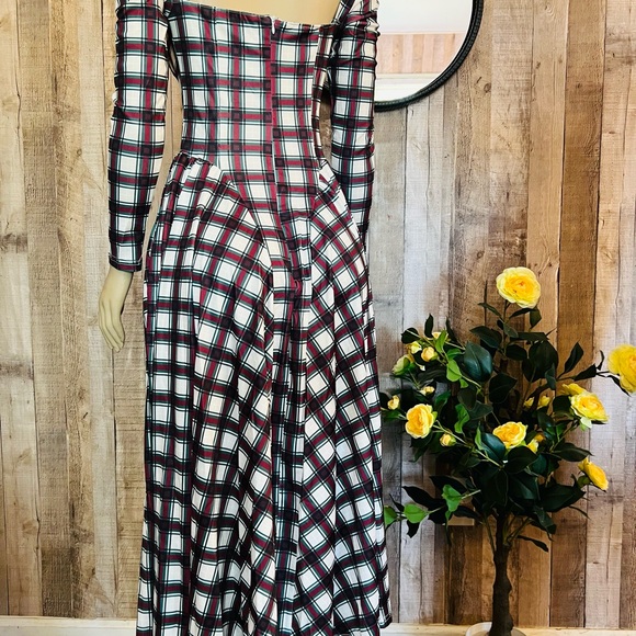 Elegant Plaid A-line Dress for Women Square Neck Backless Long Sleeves Slim Dres - Picture 4 of 15